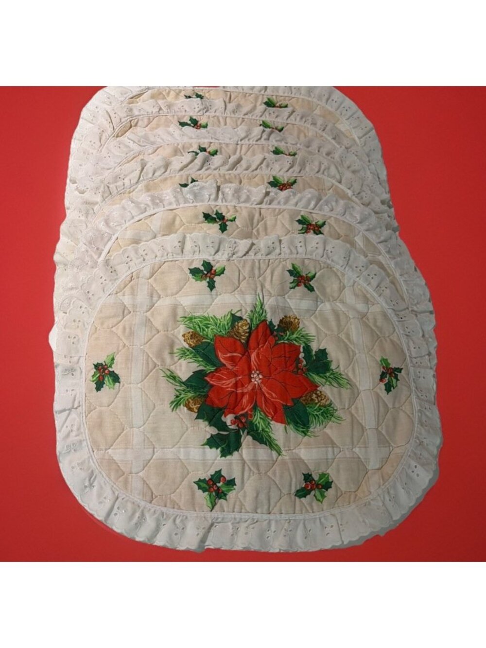 VTG Handmade Quilted Christmas Placemats Set of 6 Poinsettia Holiday Cottagecore
